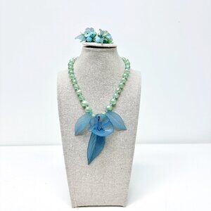 VINTAGE MIRIAM HASKELL PALE BLUE MINT GREEN FLOWER NECKLACE EARRING SET